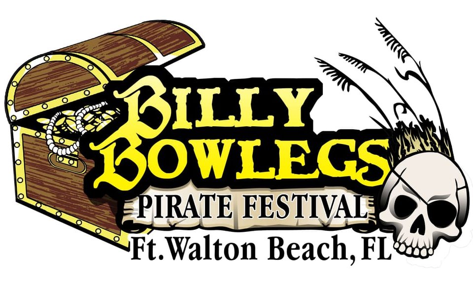 Graphic logo for the Billy Bowlegs Pirate Festival with a partially open treasure chest to the left of the name and a skull wearing an eye patch with sea oats behind to the right