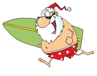 santa in bathing suit running with a surfboard