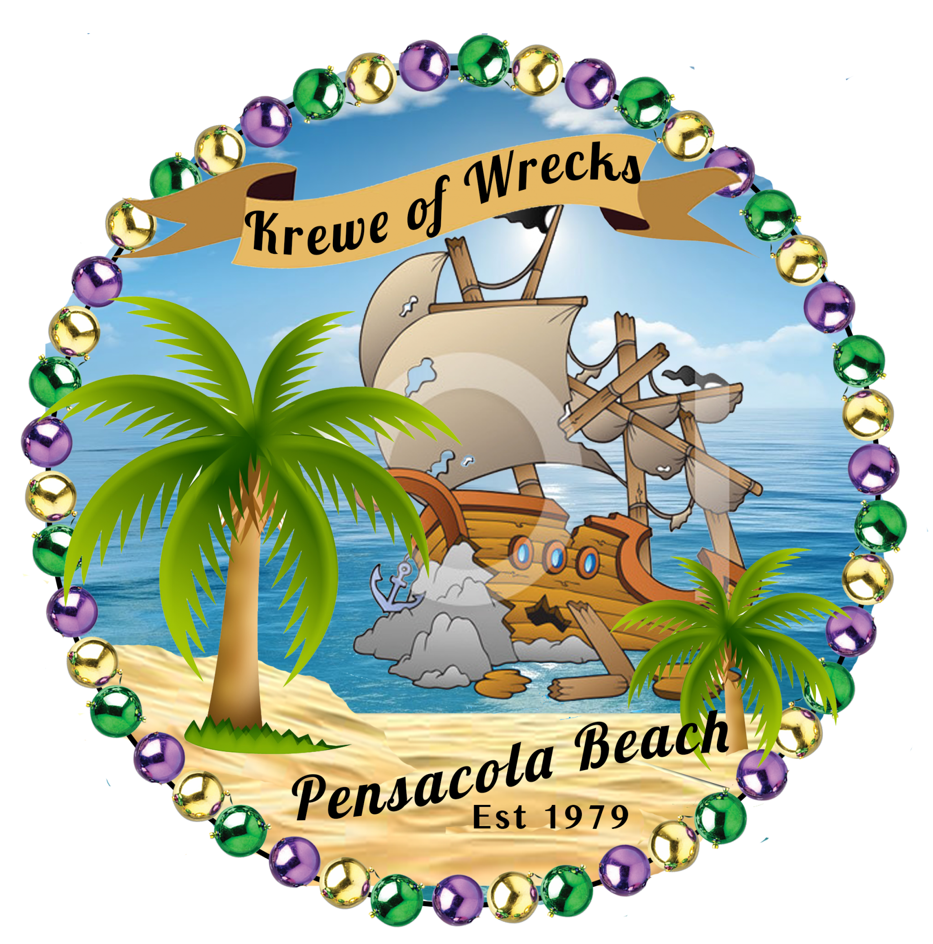 round logo of a shipwreck surrounded by purple, gold, and green beads with banner pronouncing Krewe of Wrecks and Pensacola Beach Est 1979