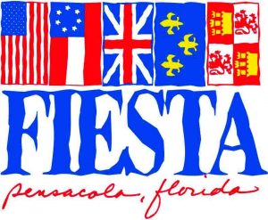 Graphic of the Fiesta Pensacola logo with the five historic flags of Pensacola displayed vertically over the name of the organization. From left: American, Confederate, British, French, Spanish.