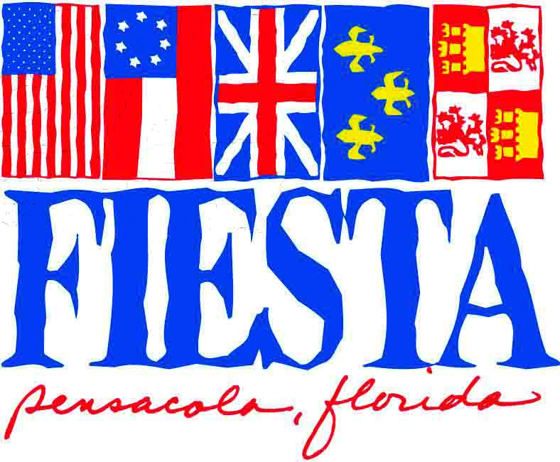 Graphic of the Fiesta Pensacola logo with the five historic flags of Pensacola displayed vertically over the name of the organization. From left: American, Confederate, British, French, Spanish.