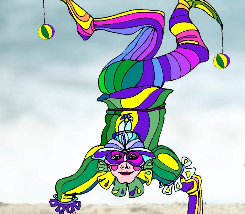 Line drawn jester in purple, green & gold doing a handstand